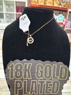 Michael Kors 18K Gold-Plated MK Circle Pendant Necklace with Drop Bar